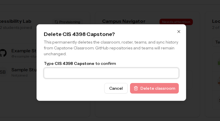 Delete classroom confirmation dialog requiring the exact classroom name