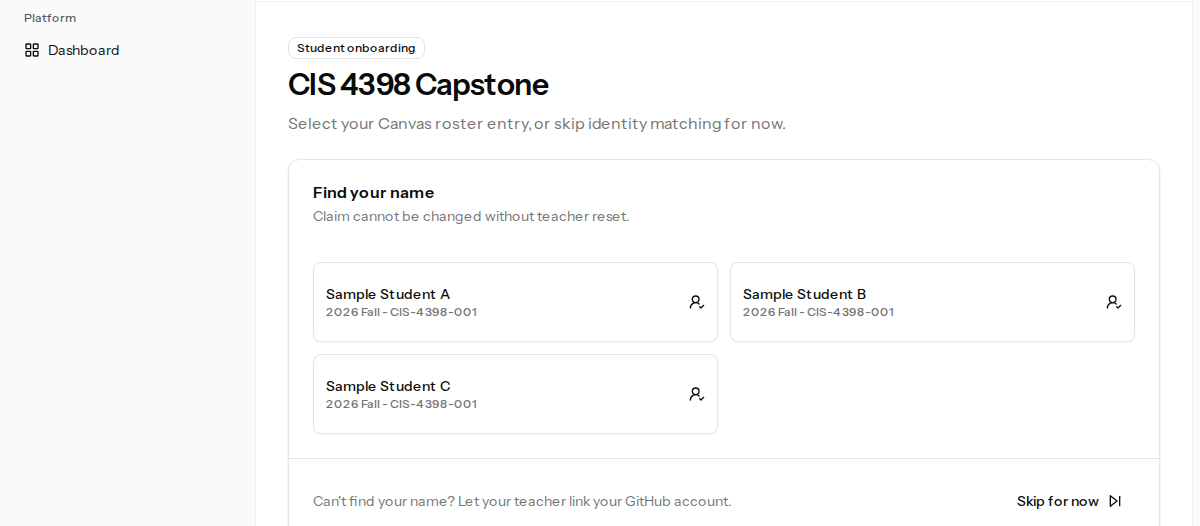 Student onboarding page with Canvas roster names available to claim