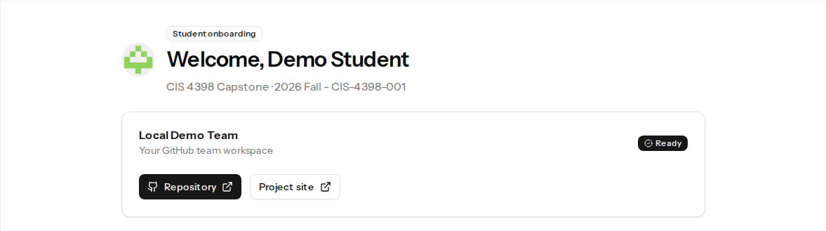 Student dashboard showing a ready team with Repository and Project site links