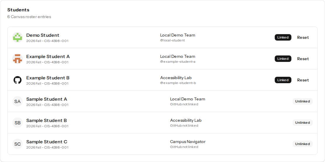 Student Roster list showing synthetic linked and unlinked student examples