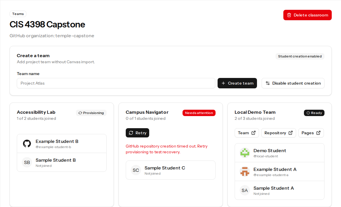 Teams page showing provisioning, ready, and needs-attention team statuses